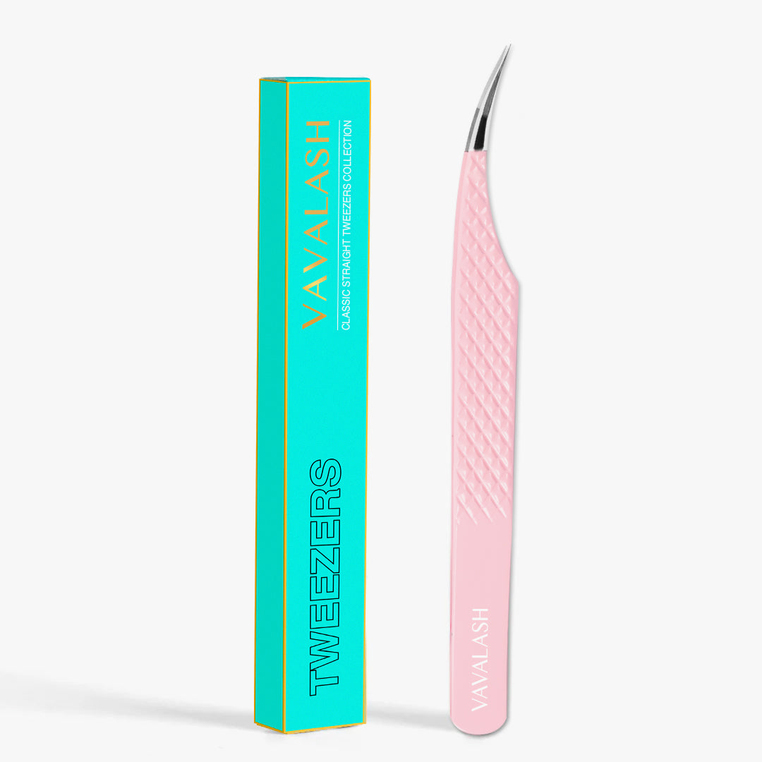 VC-07 Fiber Tip Light Pink Coated Curved Tweezers for Volume Eyelash Extensions