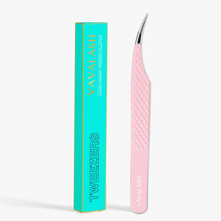 VC-07 Fiber Tip Light Pink Coated Curved Tweezers for Volume Eyelash Extensions
