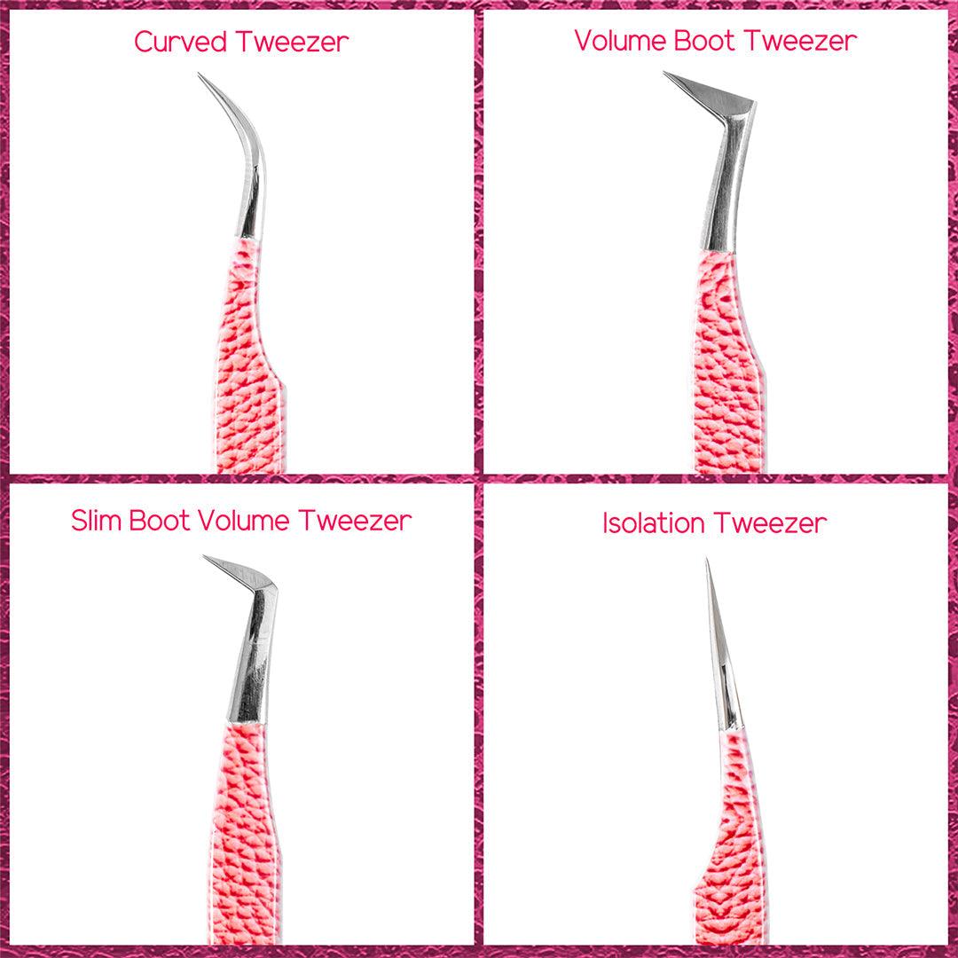 Pink Leather Pattern Professional Eyelash Extensions Tweezers Kit