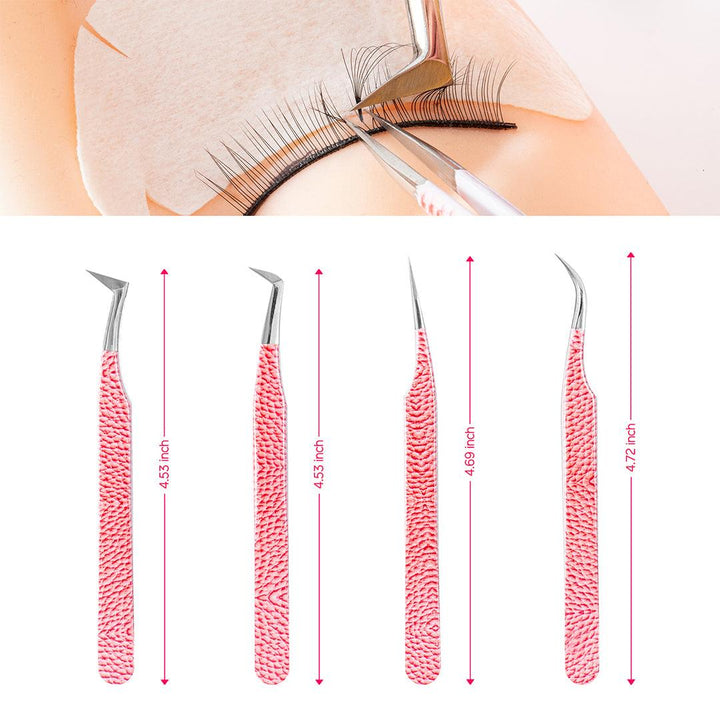Pink Leather Pattern Professional Eyelash Extensions Tweezers Kit
