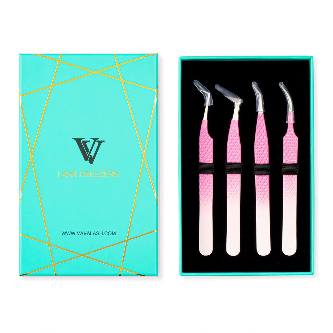 Ombre Pink-White Professional Eyelash Extensions Tweezers Kit